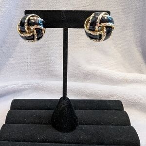 Vintage Gold Tone and Black Enamel Knot Pierced Earrings